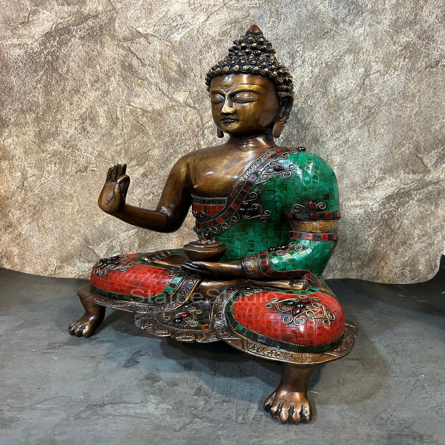 Brass Buddha Statue in Blessing Abhaya Mudra Antique Stone Work For Home Decor 20"