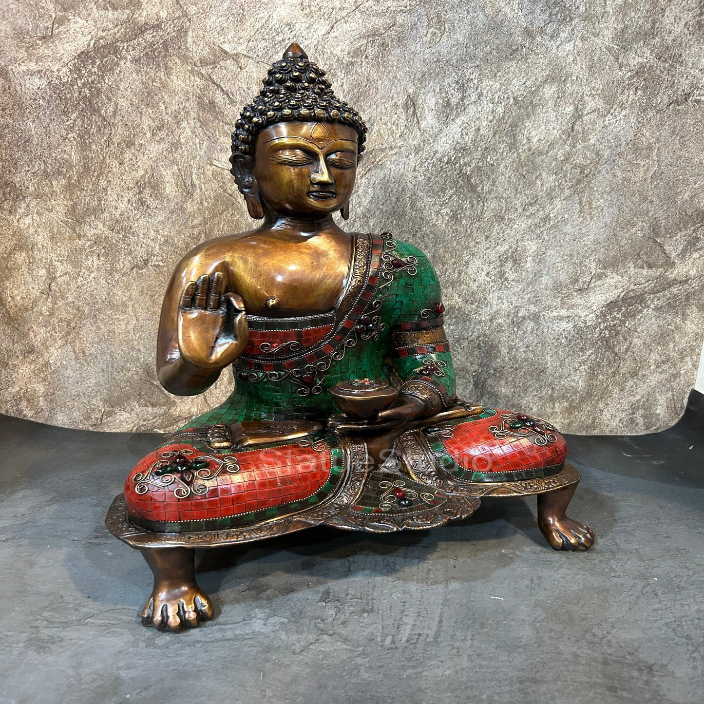 Brass Buddha Statue in Blessing Abhaya Mudra Antique Stone Work For Home Decor 20"