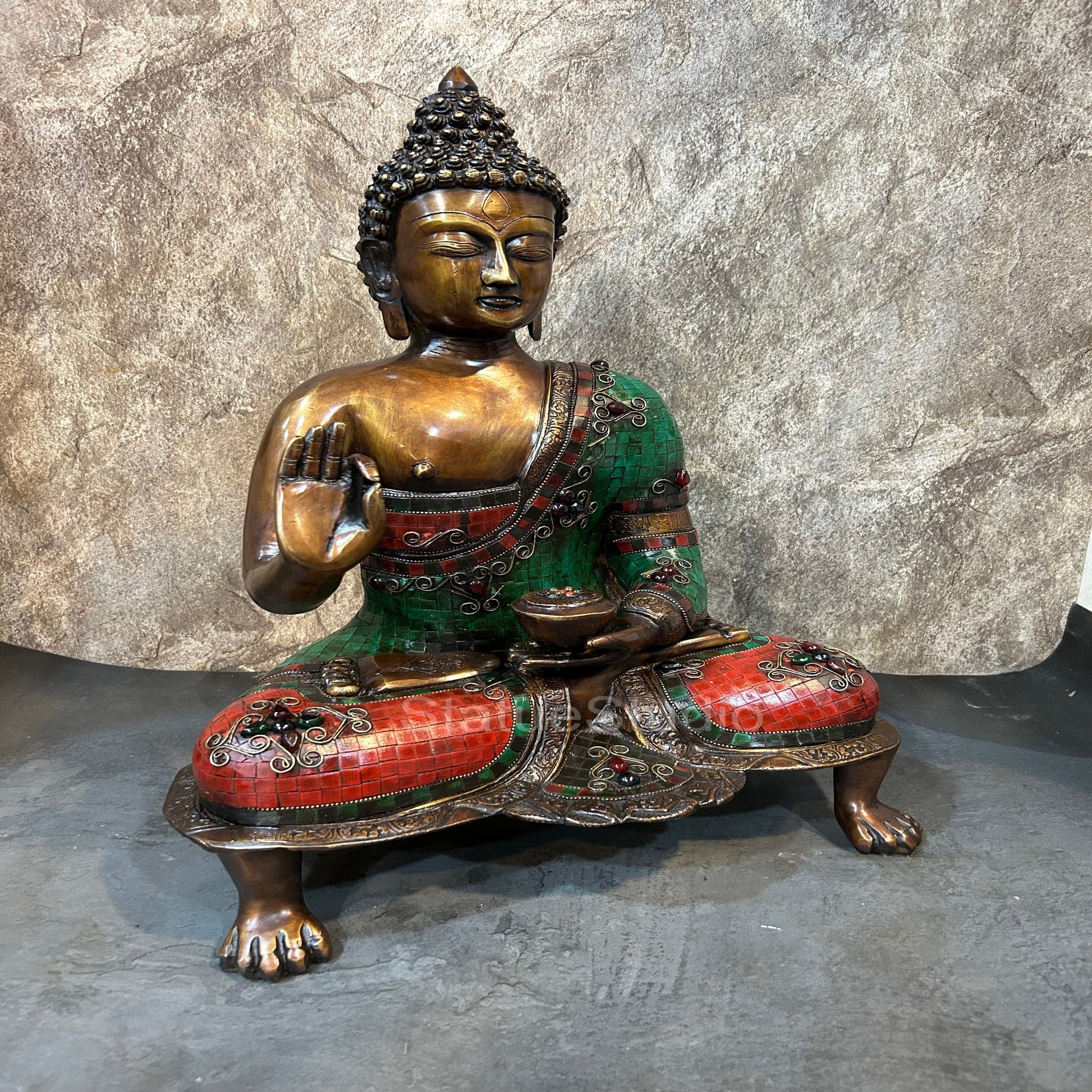 Brass Buddha Statue in Blessing Abhaya Mudra Antique Stone Work For Home Decor 20" - Image 4