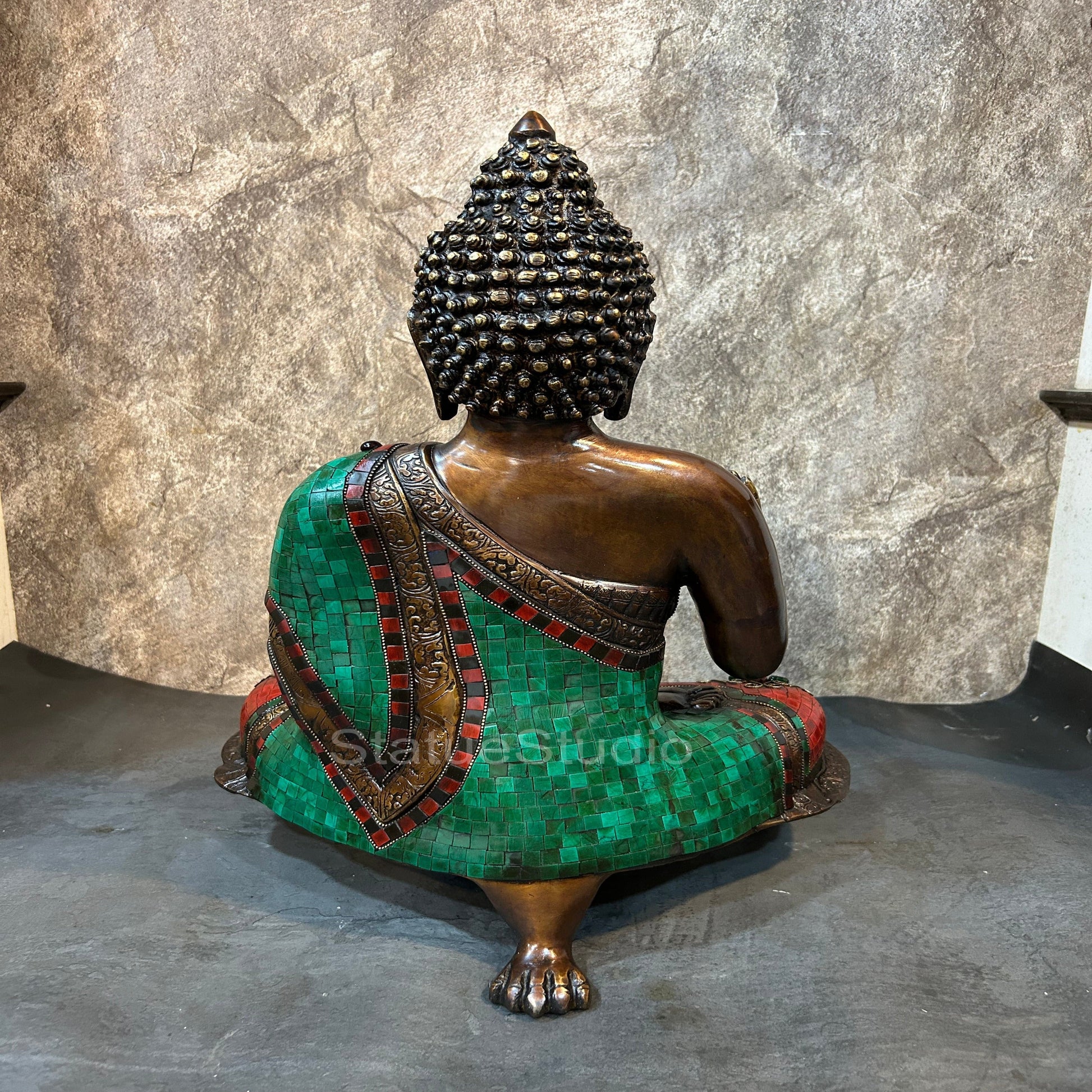 Brass Buddha Statue in Blessing Abhaya Mudra Antique Stone Work For Home Decor 20" - Image 5