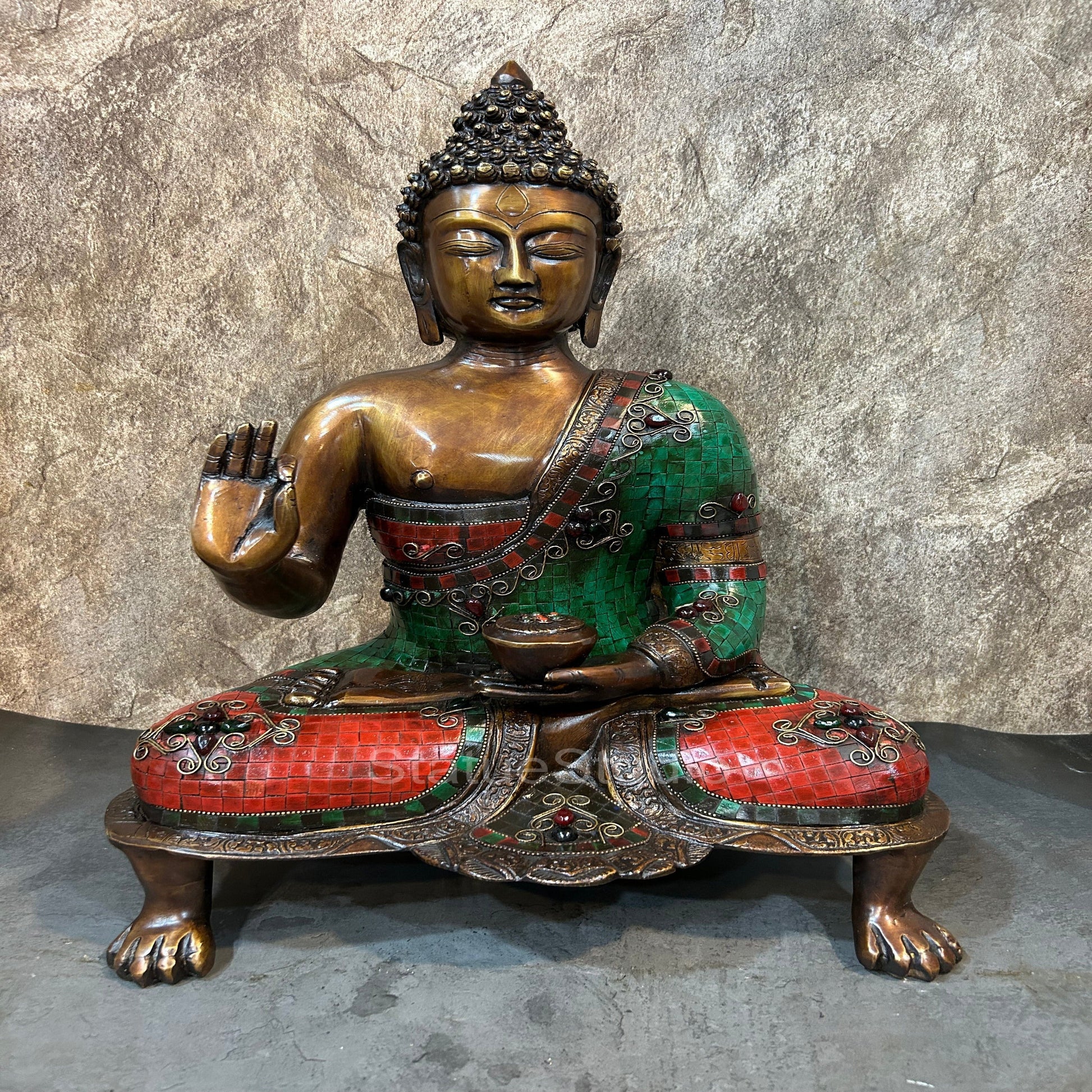 Brass Buddha Statue in Blessing Abhaya Mudra Antique Stone Work For Home Decor 20" - Eco-friendly - Sama Homes