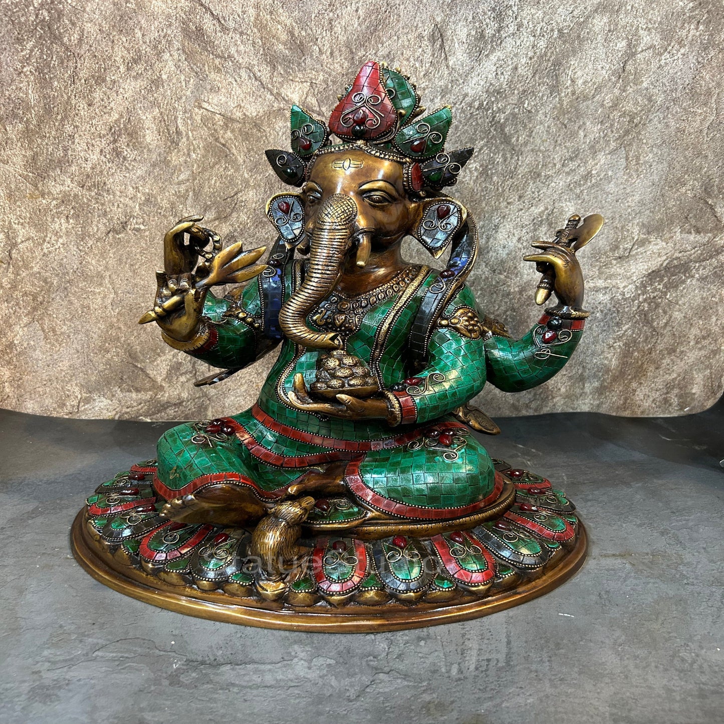Brass Ganesha Statue Antique Stone Work For Home Temple Decor 1.5 Feet