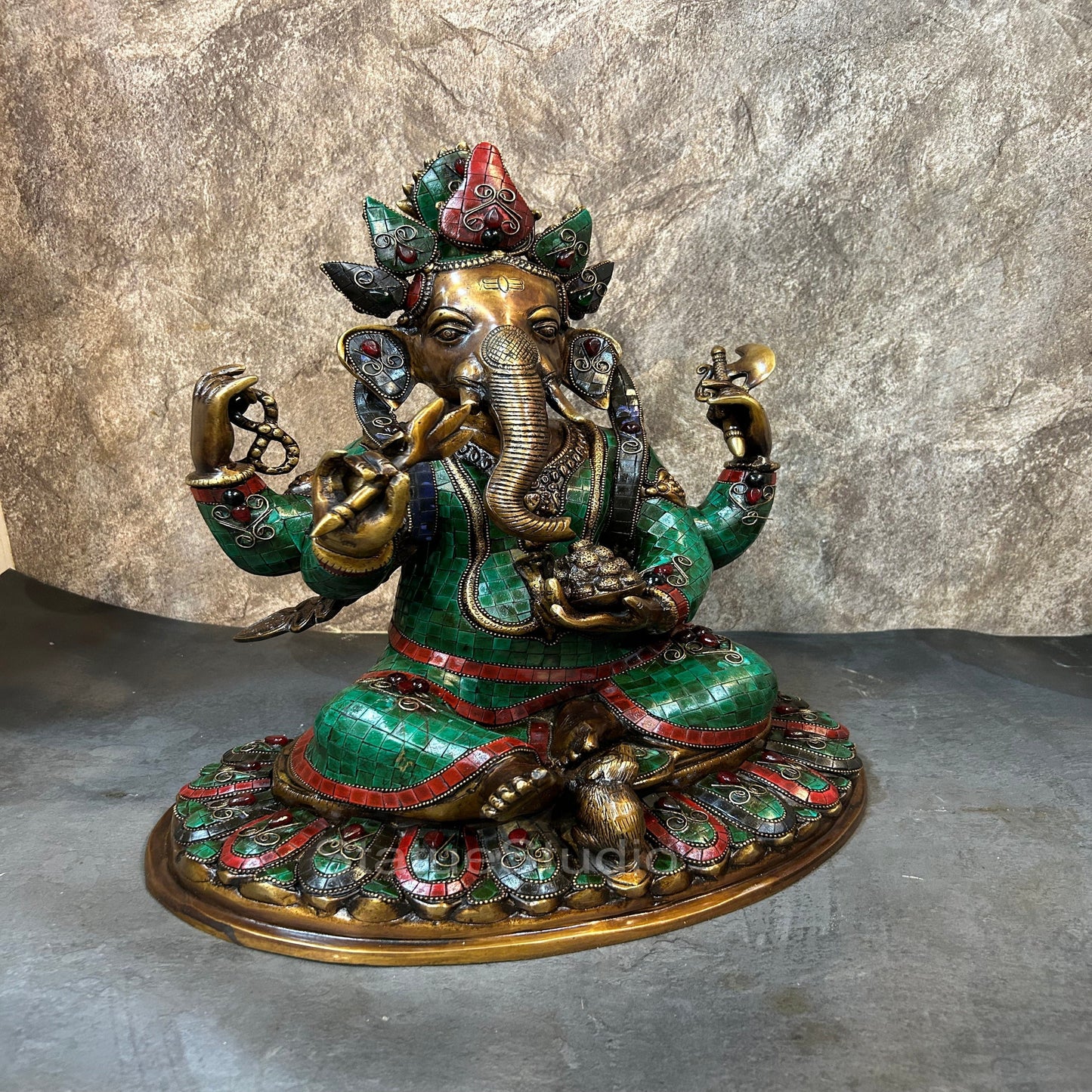 Brass Ganesha Statue Antique Stone Work For Home Temple Decor 1.5 Feet