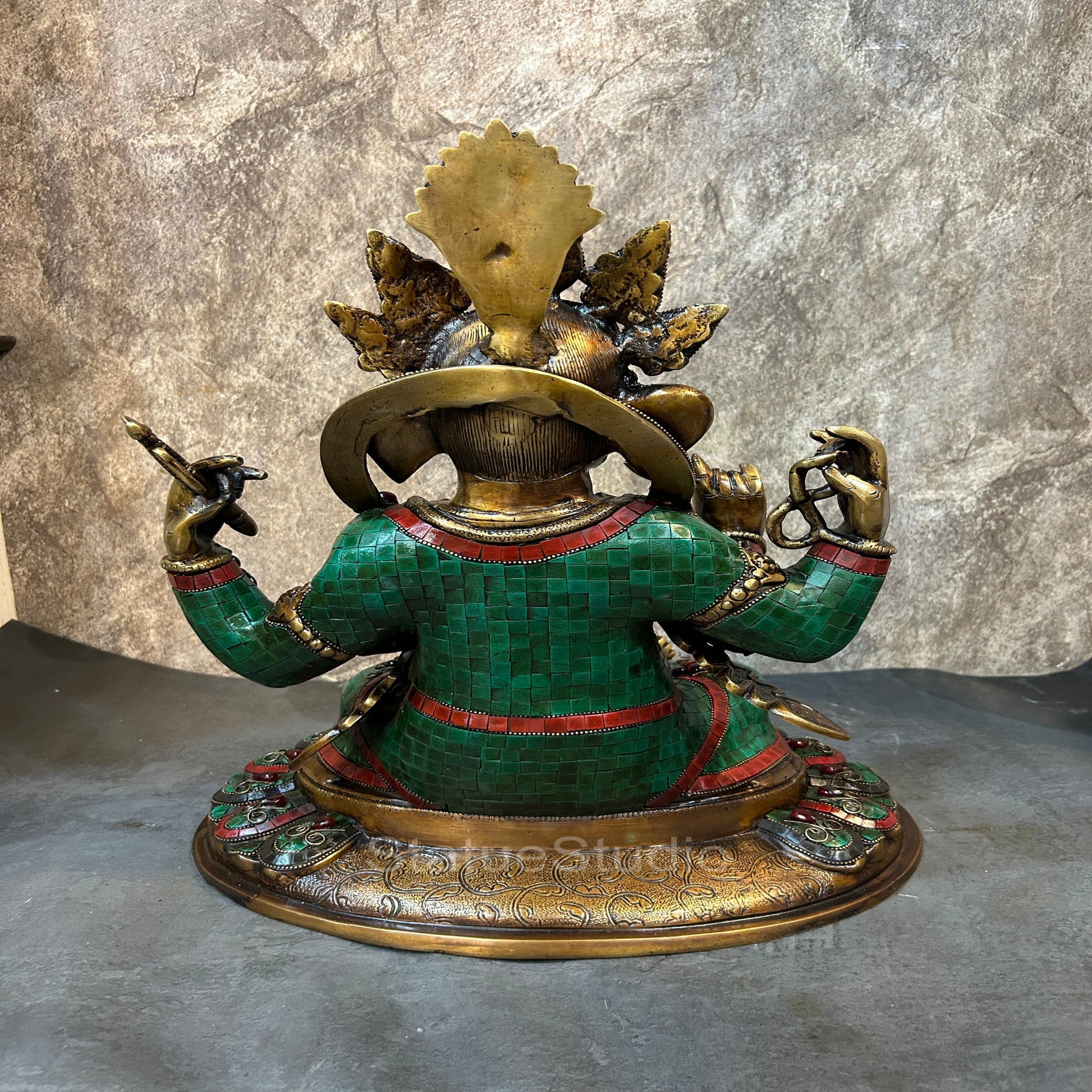 Brass Ganesha Statue Antique Stone Work For Home Temple Decor 1.5 Feet - Image 6