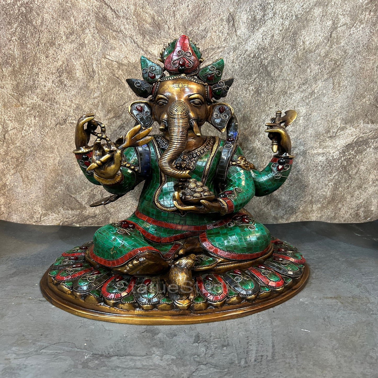 Brass Ganesha Statue Antique Stone Work For Home Temple Decor 1.5 Feet