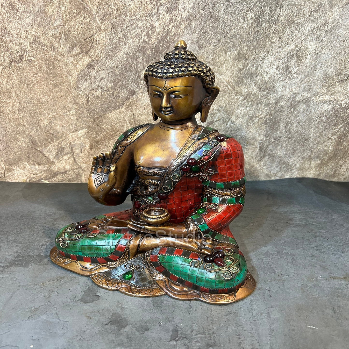 Brass Blessing Buddha Idol Antique Stone Work For Home Decor 12"