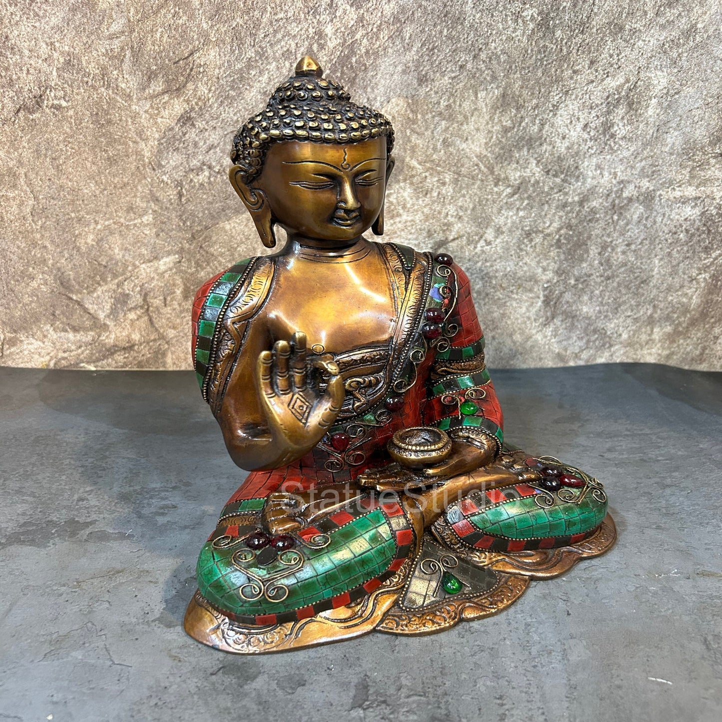 Brass Blessing Buddha Idol Antique Stone Work For Home Decor 12"