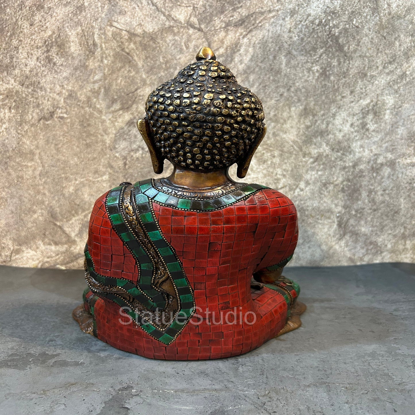 Brass Blessing Buddha Idol Antique Stone Work For Home Decor 12"