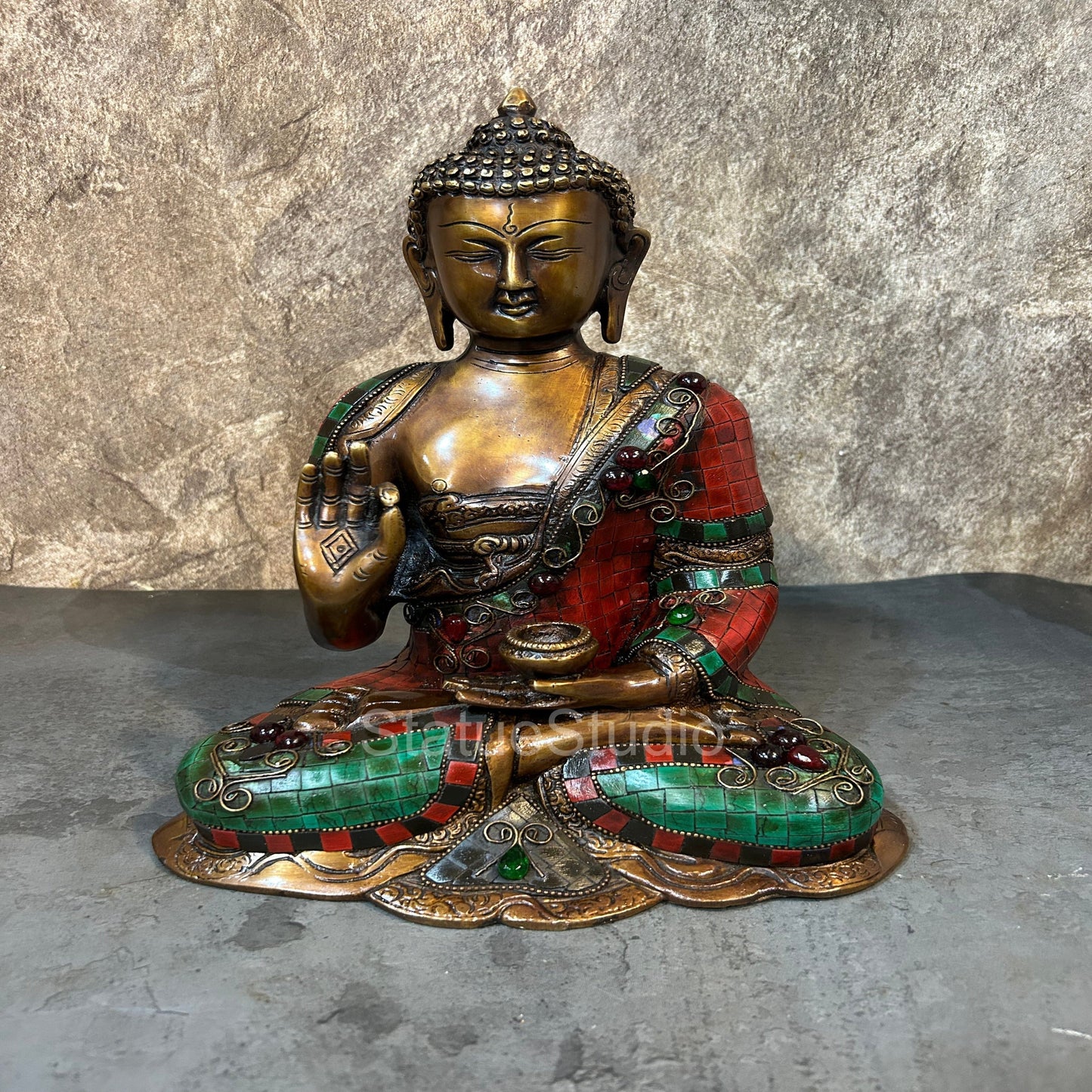 Brass Blessing Buddha Idol Antique Stone Work For Home Decor 12"