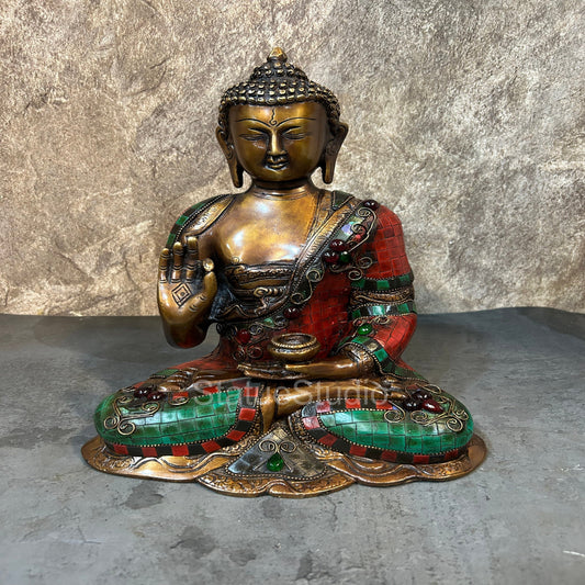 Brass Blessing Buddha Idol Antique Stone Work For Home Decor 12"