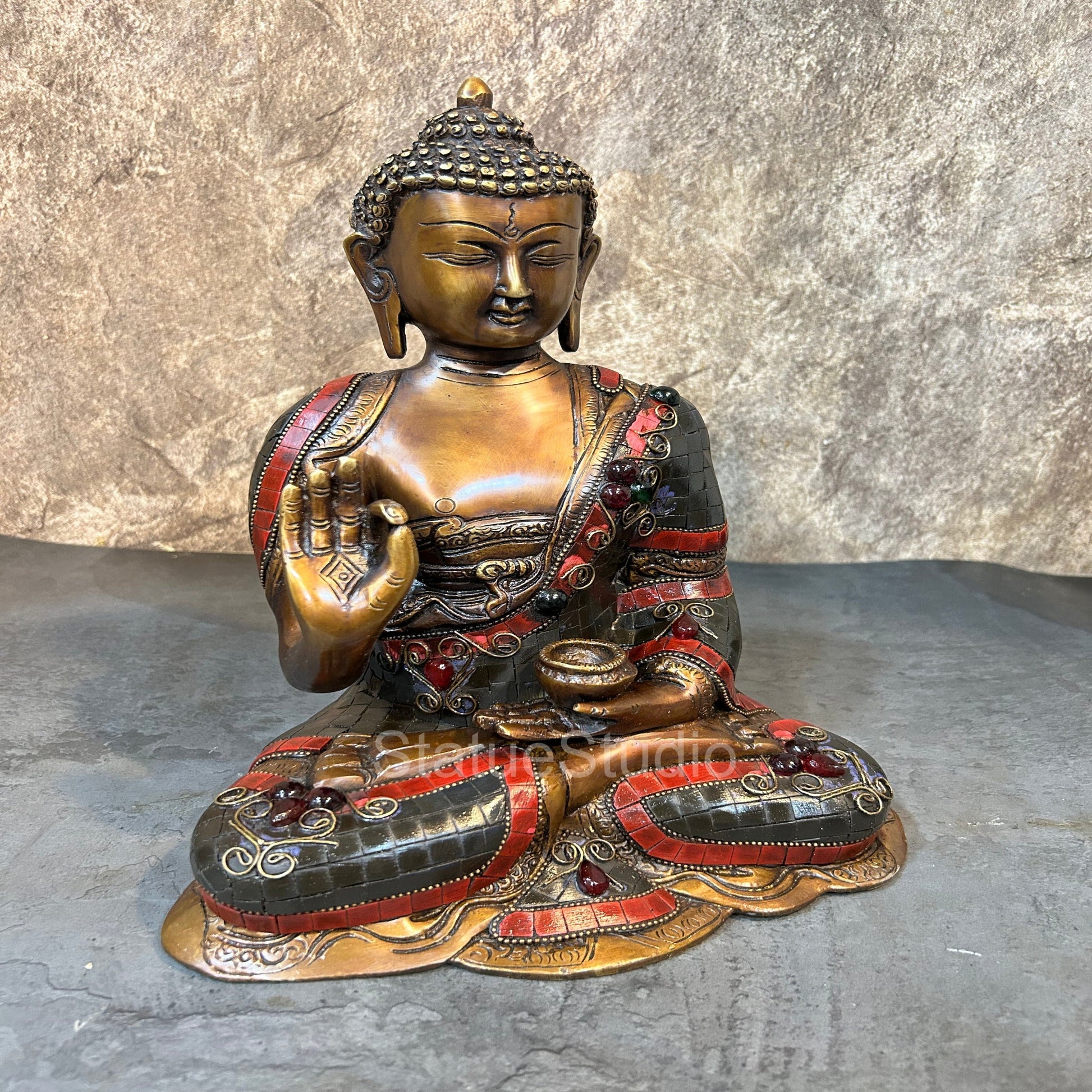 Brass Blessing Buddha Statue Antique Stone Work For Home Decor 12" - Image 3