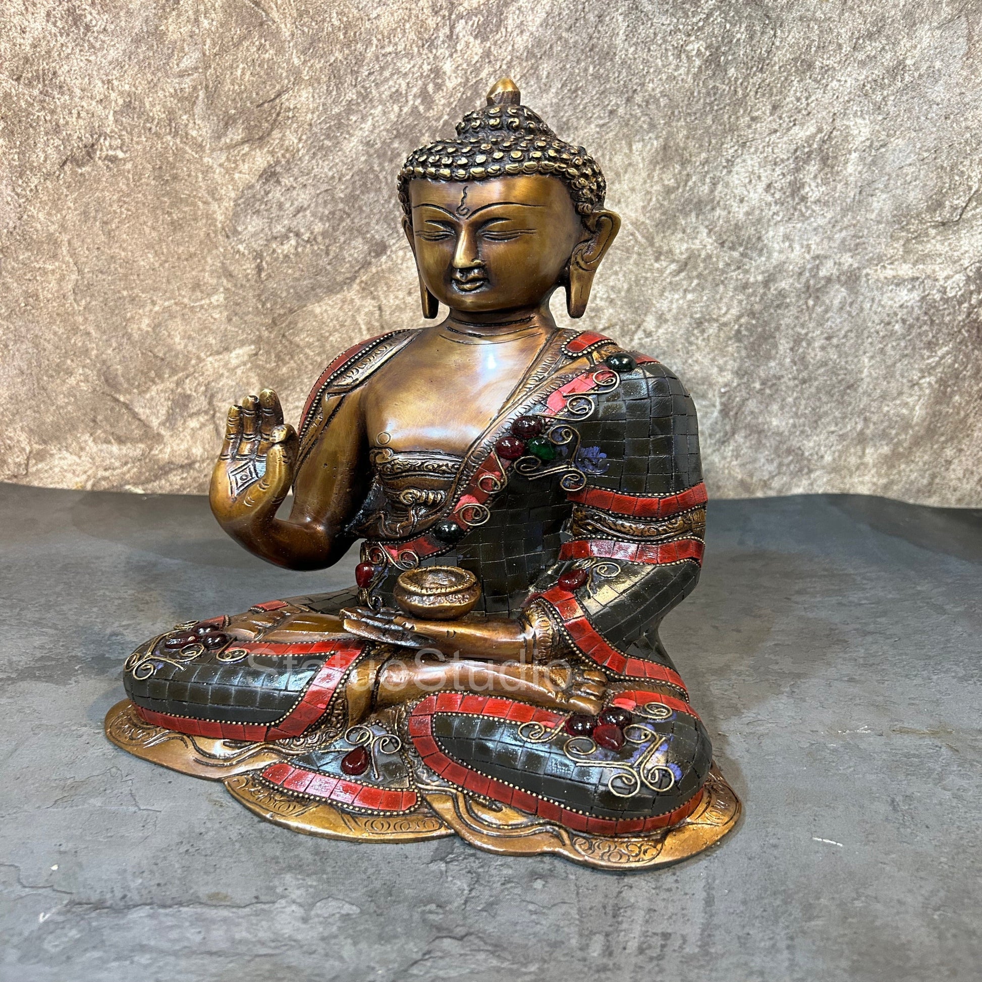 Brass Blessing Buddha Statue Antique Stone Work For Home Decor 12" - Image 4