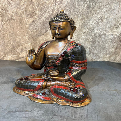 Brass Blessing Buddha Statue Antique Stone Work For Home Decor 12" by vendor-unknown - Buddha (View 4)