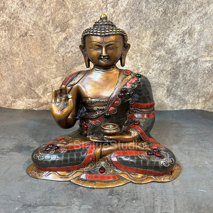 Brass Blessing Buddha Statue Antique Stone Work For Home Decor 12" by vendor-unknown - Buddha