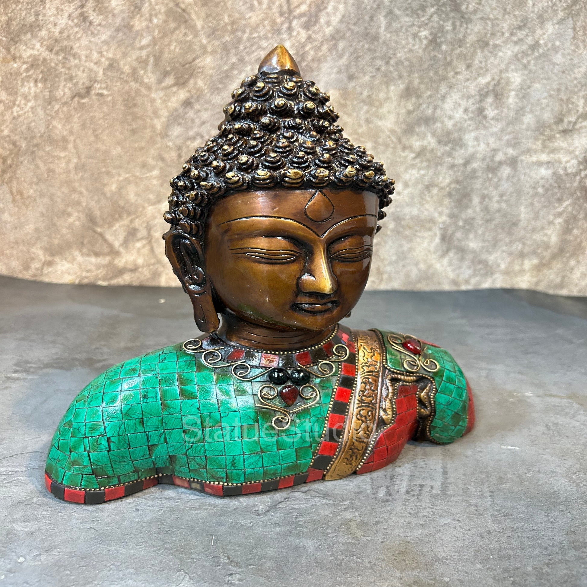 Brass Buddha Bust With Antique Stone Work For Home Decor 10" - Image 3