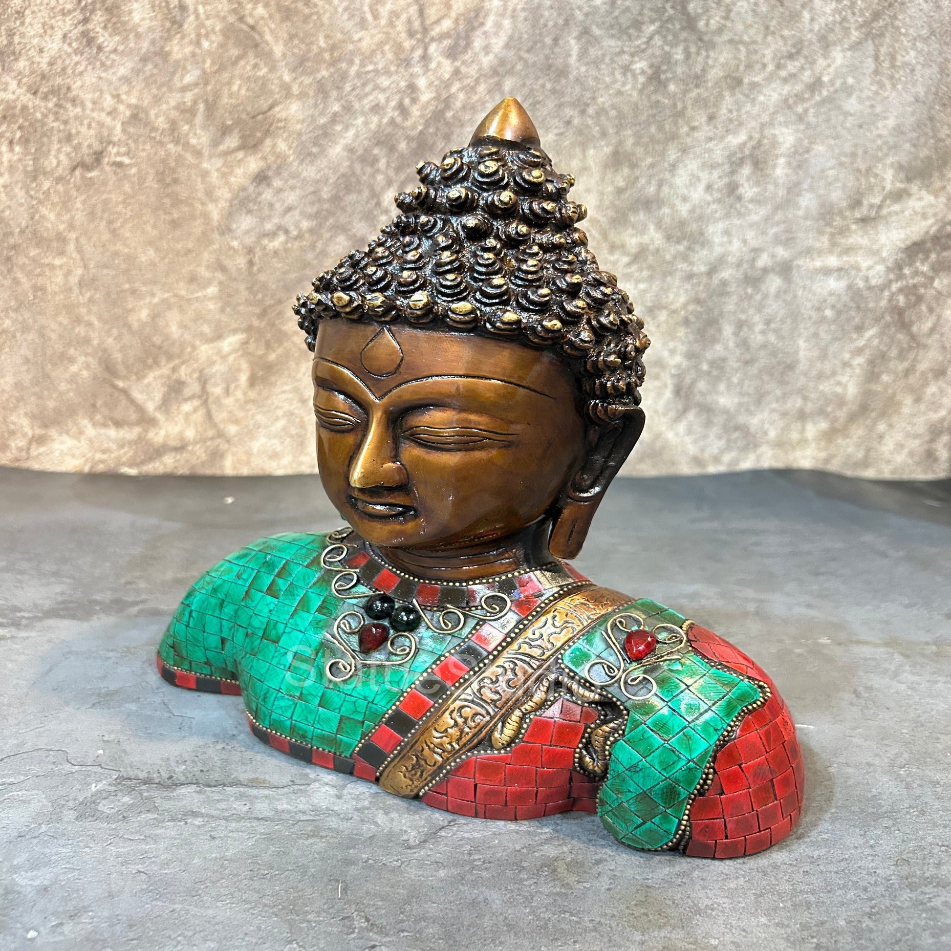 Brass Buddha Bust With Antique Stone Work For Home Decor 10" - Image 4
