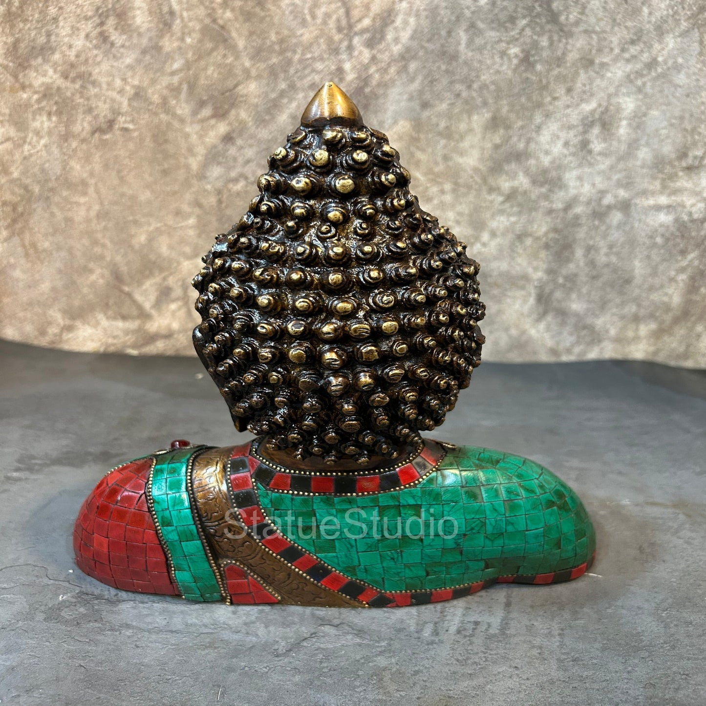 Brass Buddha Bust With Antique Stone Work For Home Decor 10"