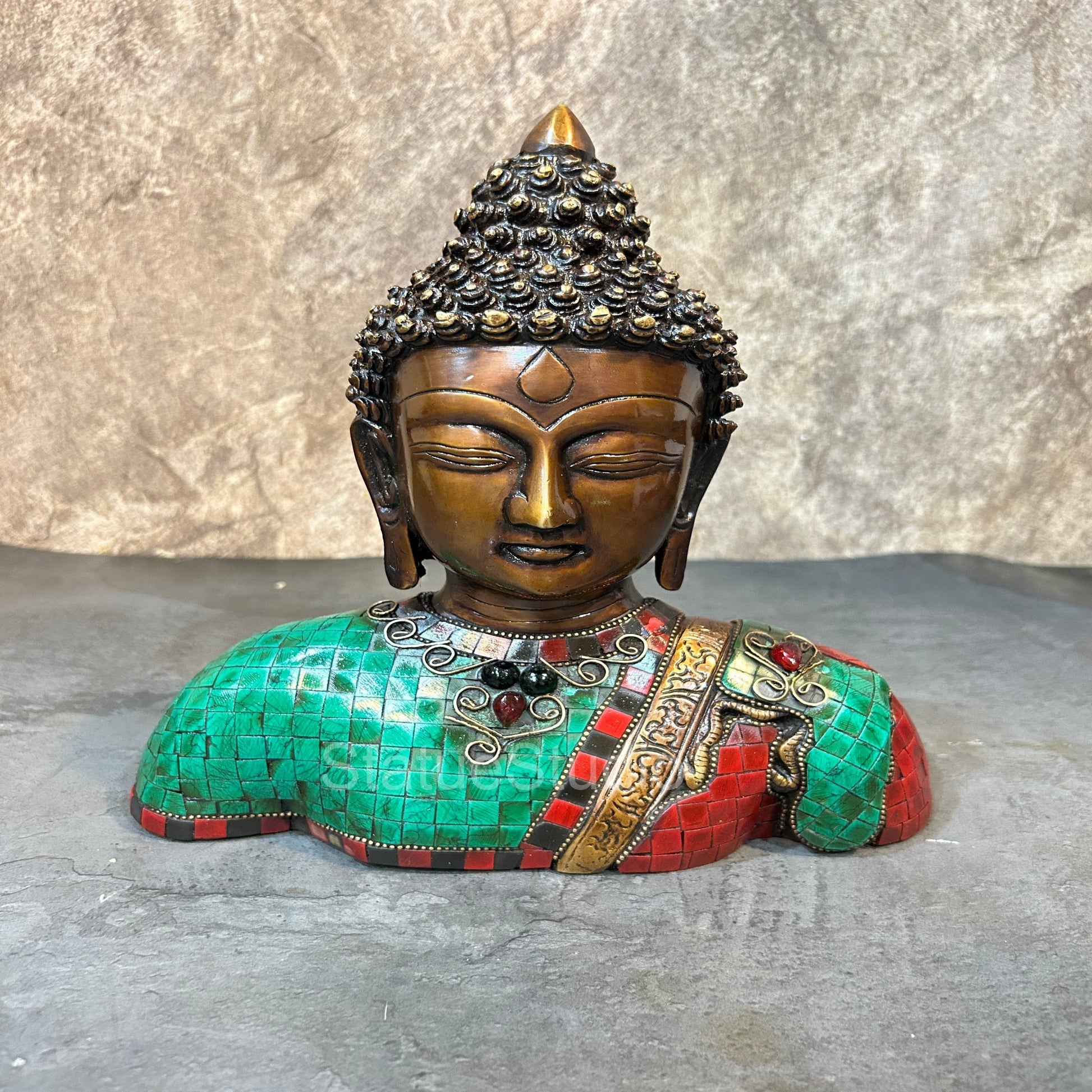 Brass Buddha Bust With Antique Stone Work For Home Decor 10" - Eco-friendly - Sama Homes
