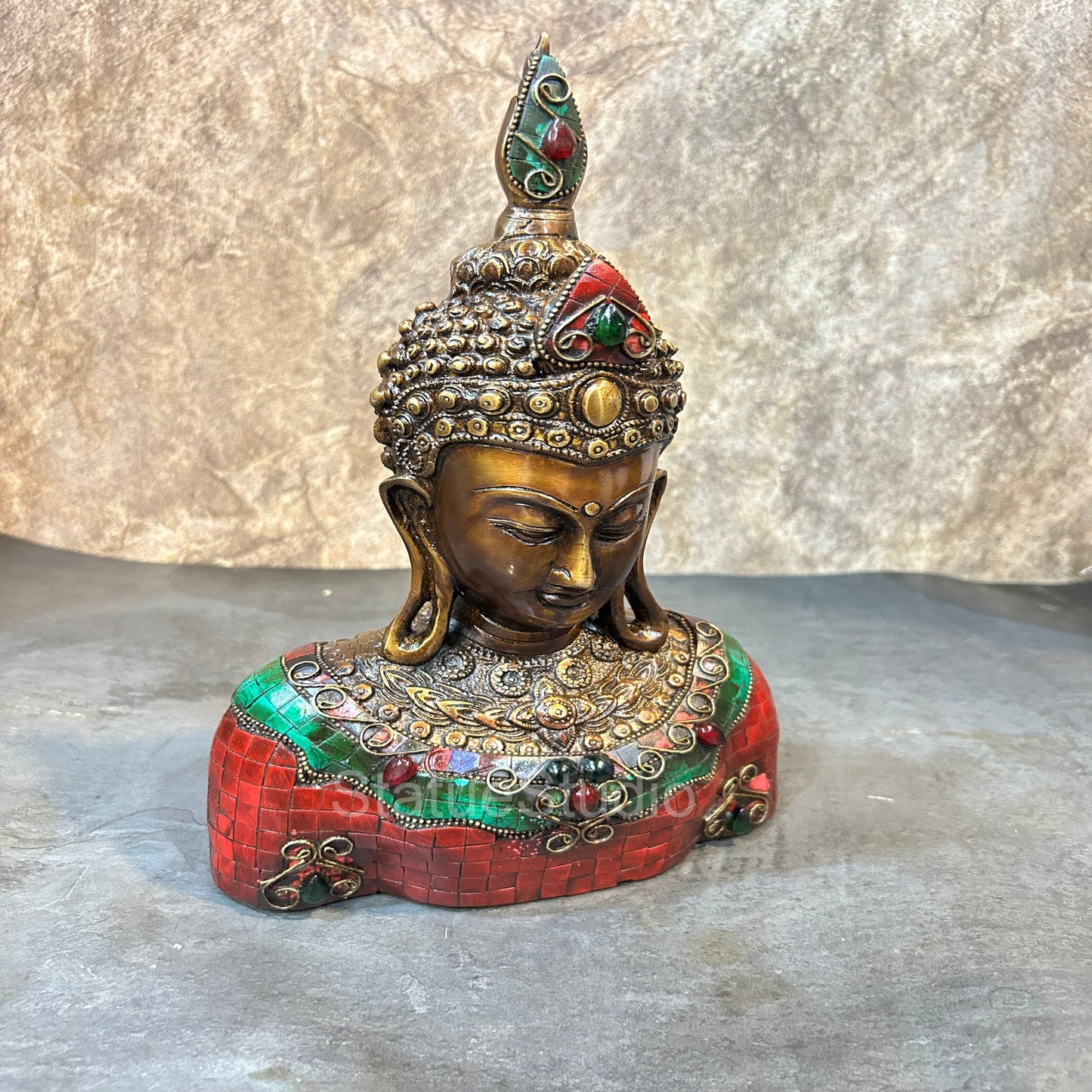 Brass Buddha Bust Idol With Antique Stone Work For Home Decor 1 Feet