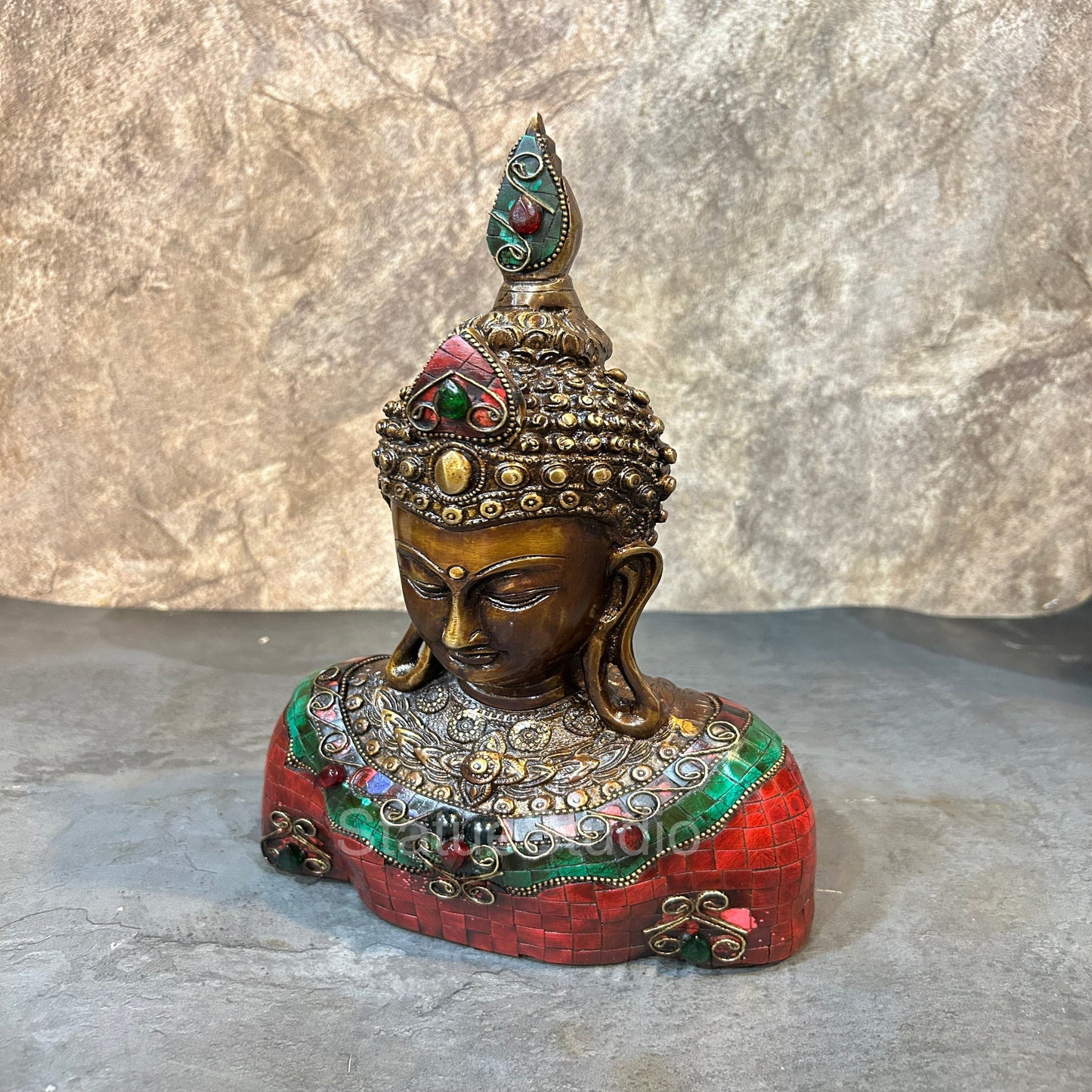 Brass Buddha Bust Idol With Antique Stone Work For Home Decor 1 Feet