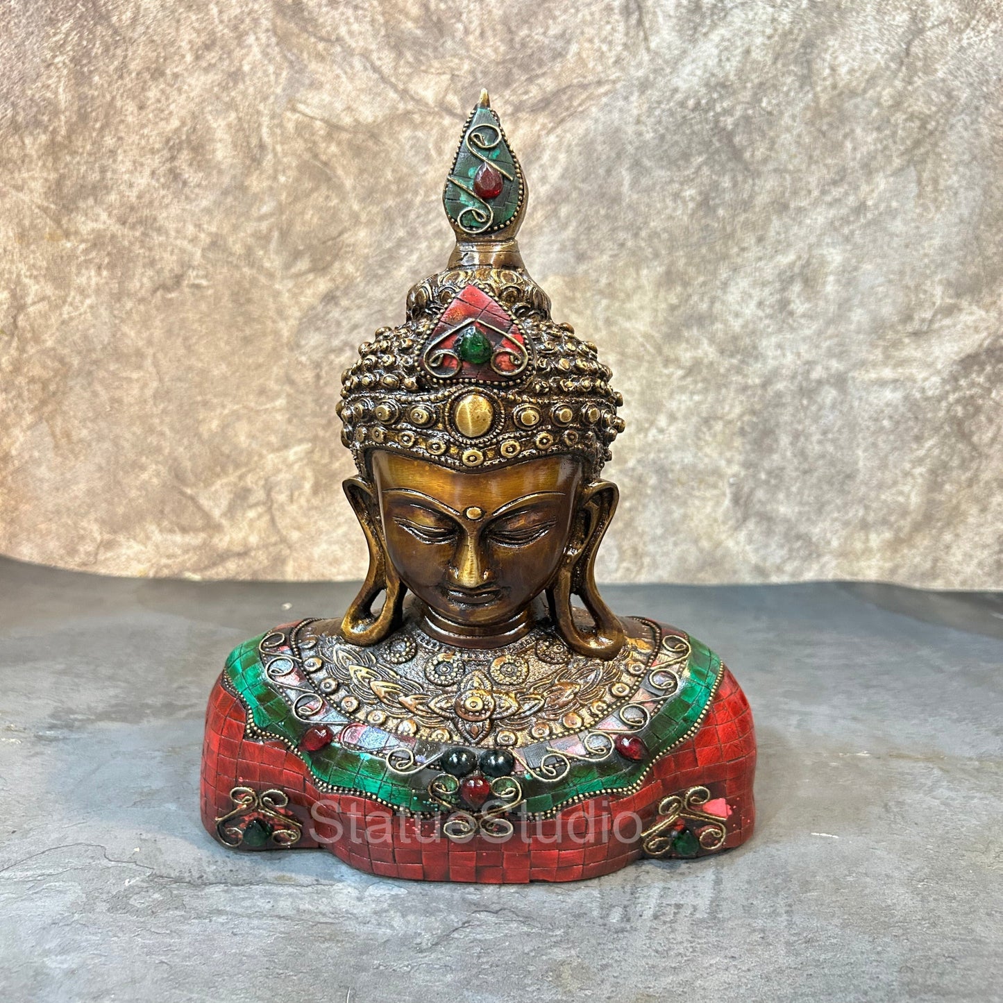 Brass Buddha Bust Idol With Antique Stone Work For Home Decor 1 Feet