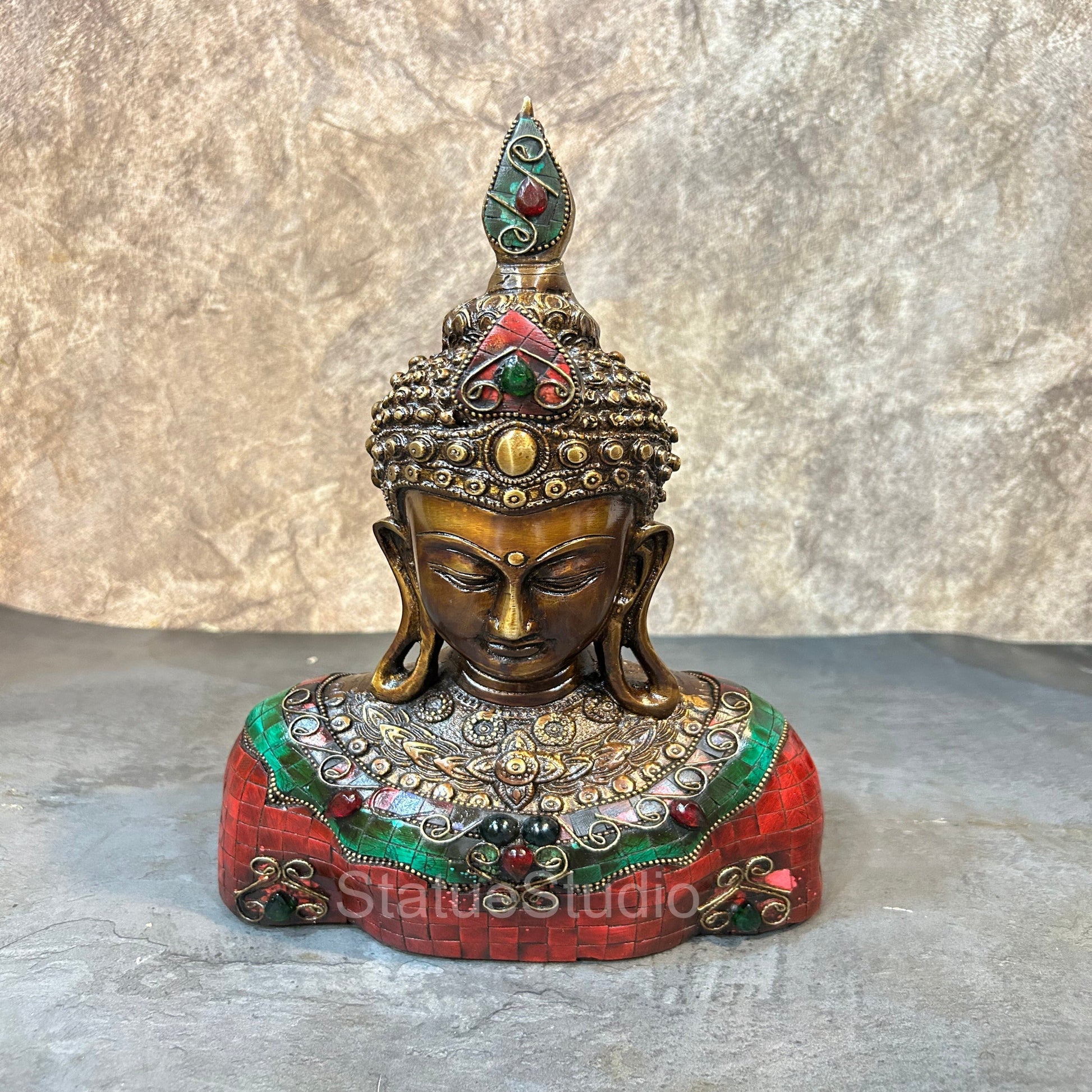 Brass Buddha Bust Idol With Antique Stone Work For Home Decor 1 Feet - Eco-friendly - Sama Homes