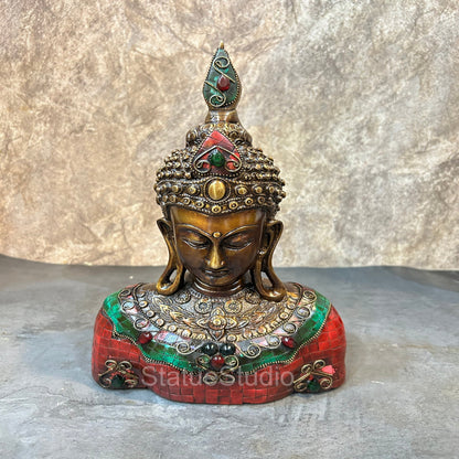 Brass Buddha Bust Idol With Antique Stone Work For Home Decor 1 Feet by vendor-unknown - Buddha