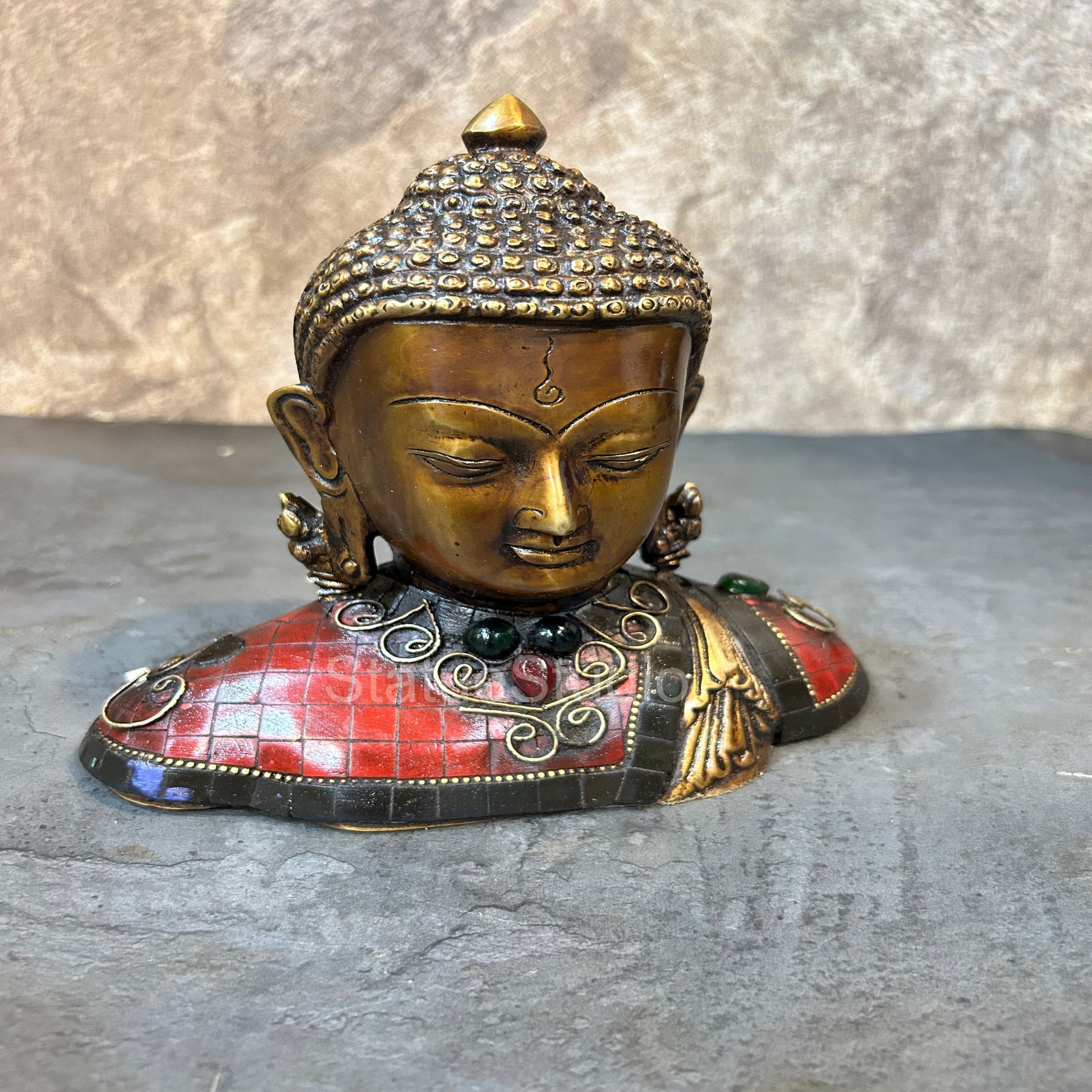 Brass Buddha Bust Idol Antique Stone Work For Home Decor 7" - Image 3