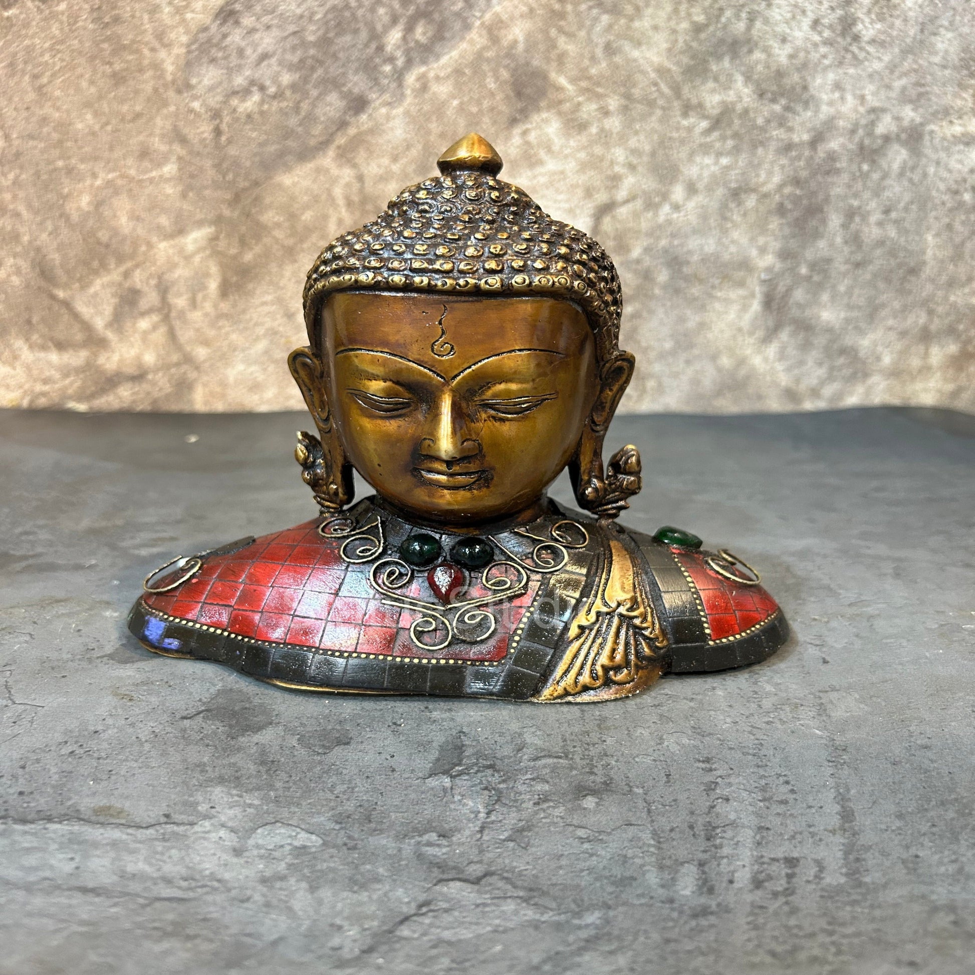 Brass Buddha Bust Idol Antique Stone Work For Home Decor 7" - Eco-friendly - Sama Homes