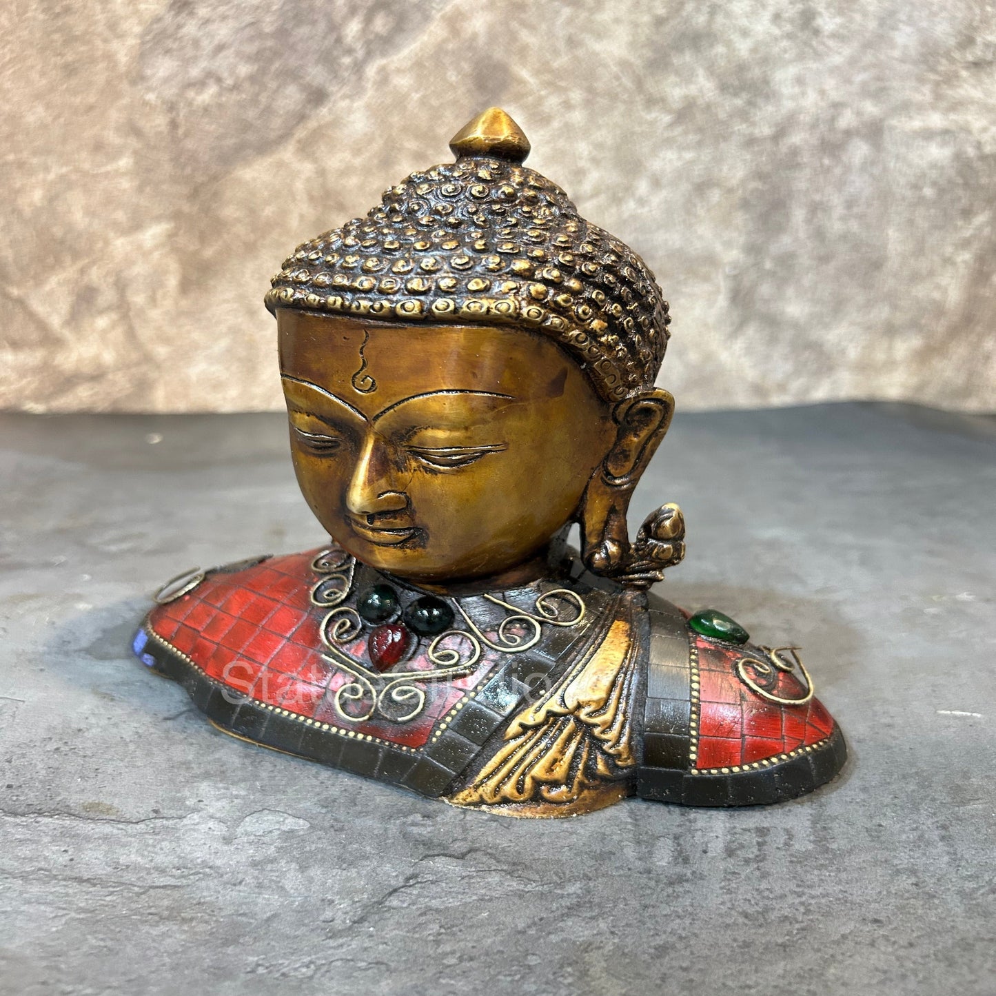 Brass Buddha Bust Idol Antique Stone Work For Home Decor 7"