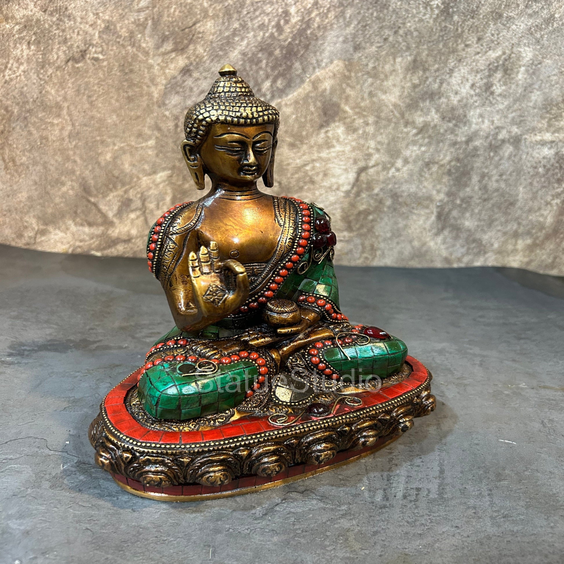 Brass Blessing Buddha Idol Antique Stone Work For Home Decor 10" - Image 3