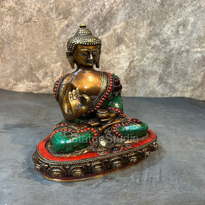 Brass Blessing Buddha Idol Antique Stone Work For Home Decor 10" by vendor-unknown - Buddha (View 3)