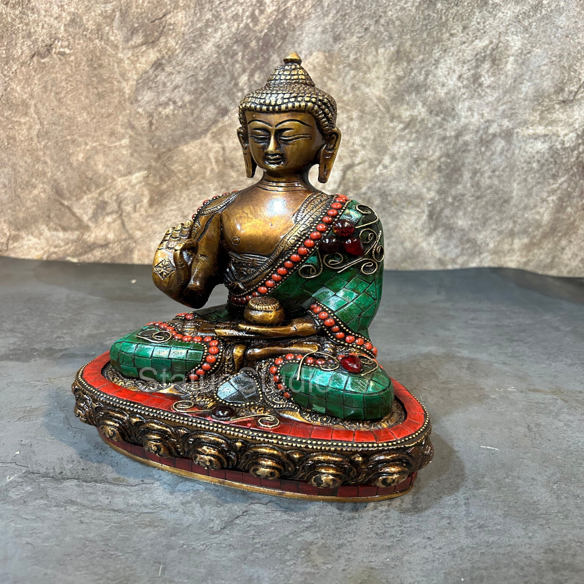 Brass Blessing Buddha Idol Antique Stone Work For Home Decor 10" - Image 4