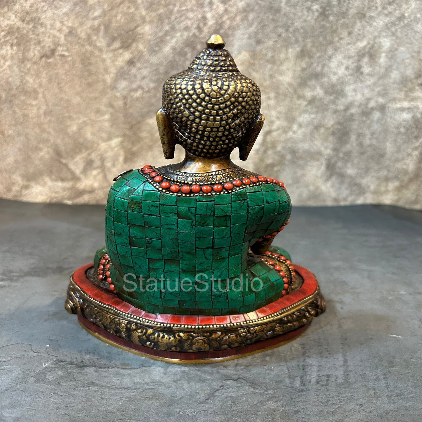 Brass Blessing Buddha Idol Antique Stone Work For Home Decor 10"