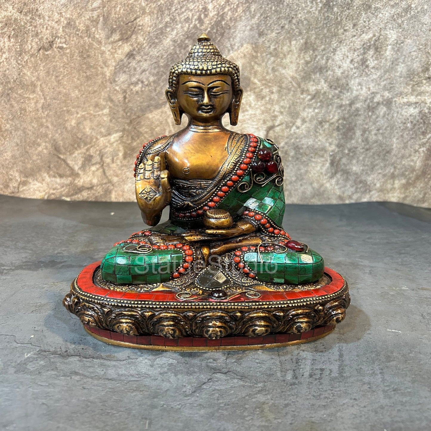 Brass Blessing Buddha Idol Antique Stone Work For Home Decor 10"