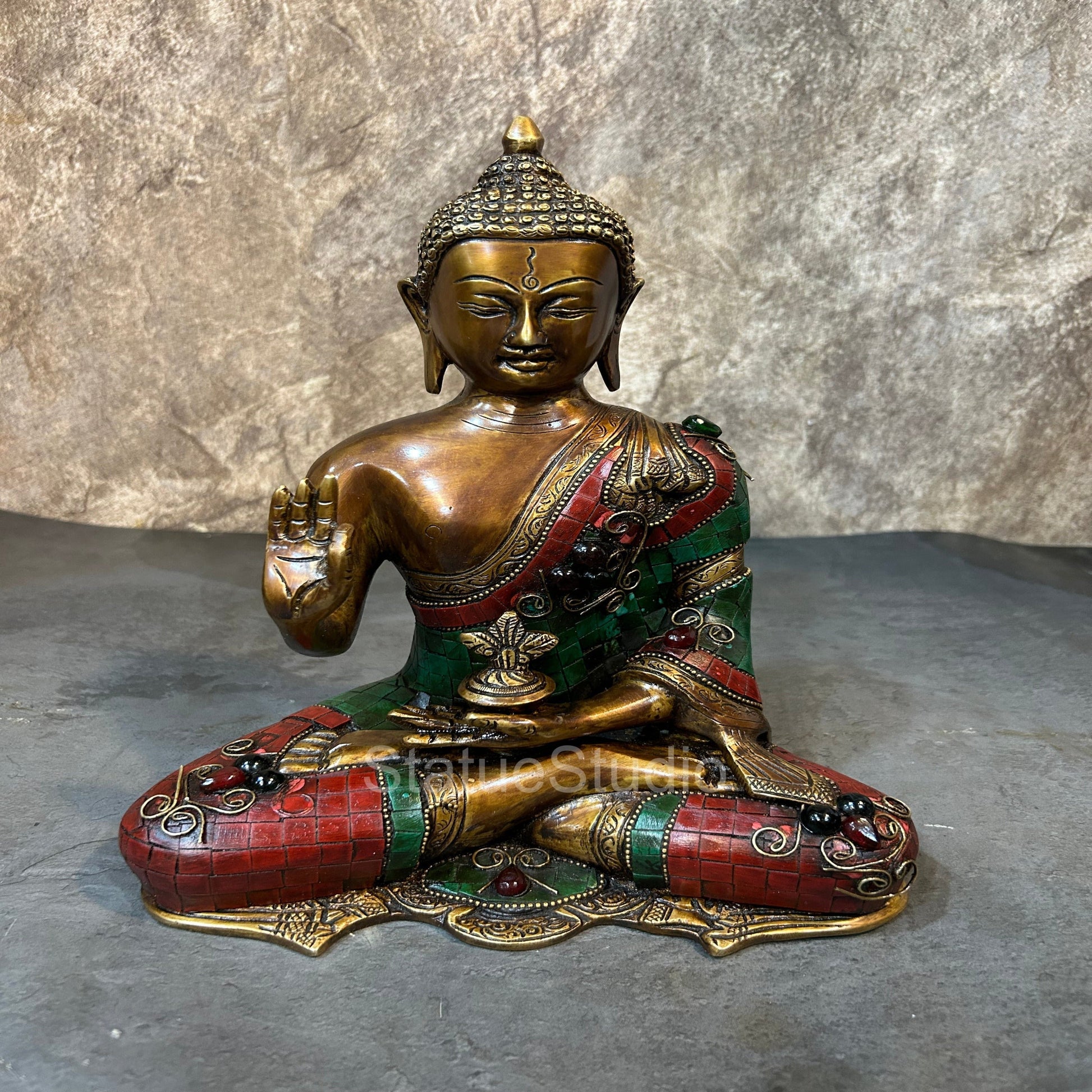 Brass Blessing Buddha Statue Antique Stone Work For Home Decor 11" - Eco-friendly - Sama Homes