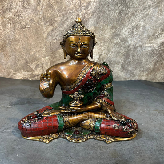 Brass Blessing Buddha Statue Antique Stone Work For Home Decor 11"