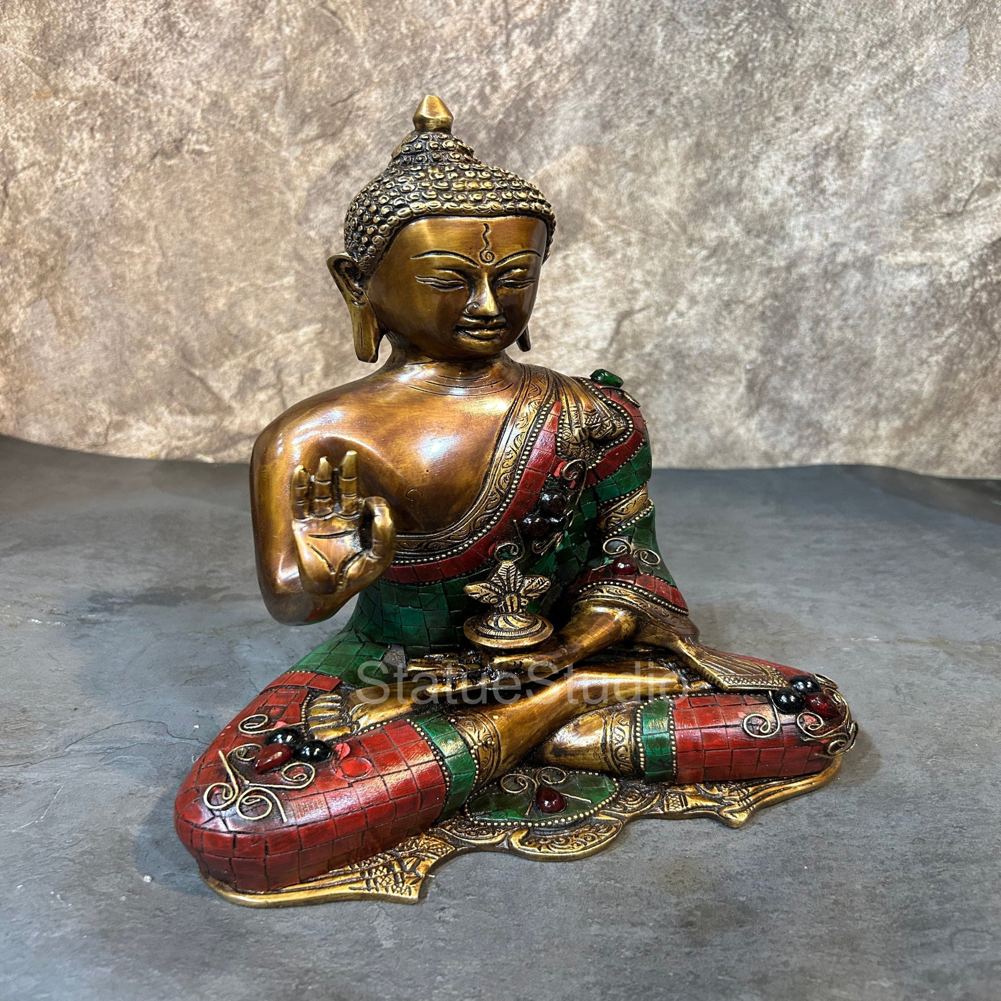Brass Blessing Buddha Statue Antique Stone Work For Home Decor 11" - Image 3