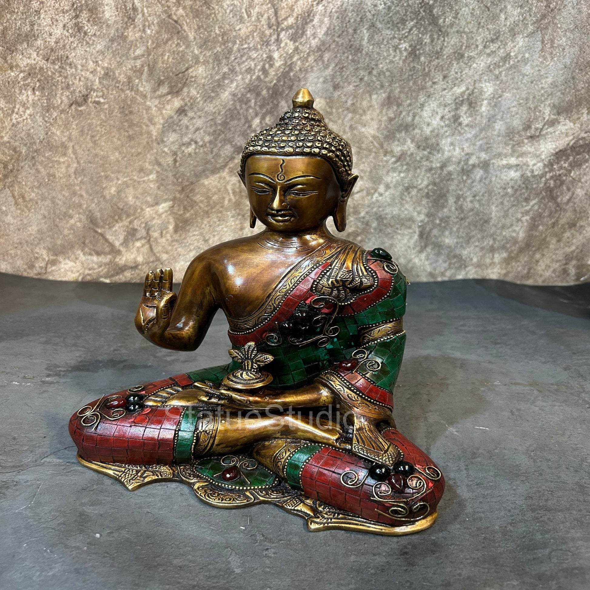 Brass Blessing Buddha Statue Antique Stone Work For Home Decor 11" - Image 4