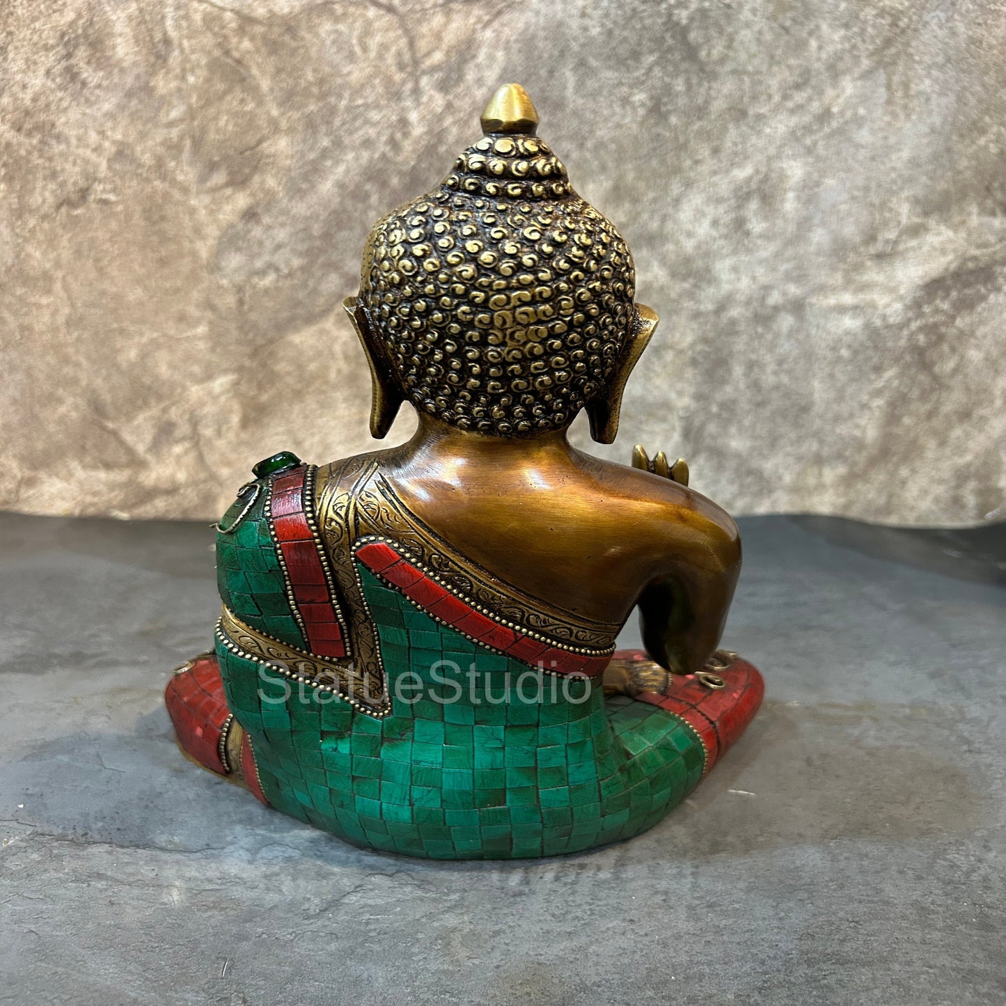 Brass Blessing Buddha Statue Antique Stone Work For Home Decor 11"