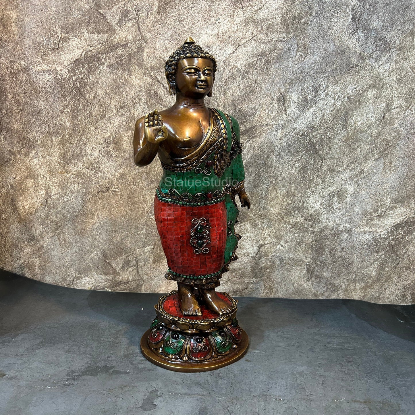 Brass Large Standing Buddha Statue Antique Stone Work For Home Decor 2 Feet