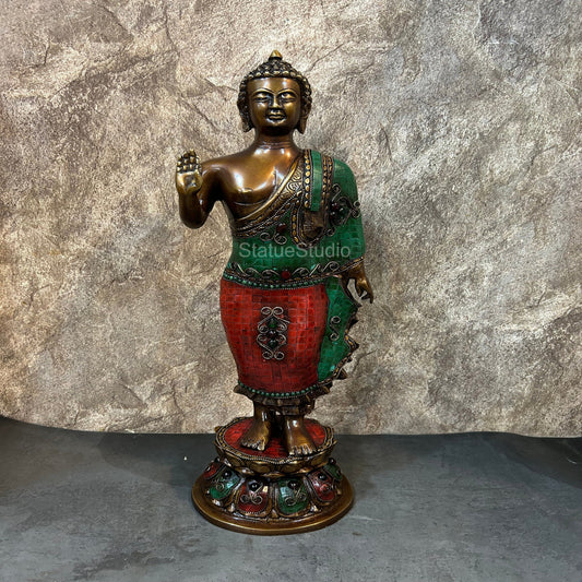 Brass Large Standing Buddha Statue Antique Stone Work For Home Decor 2 Feet