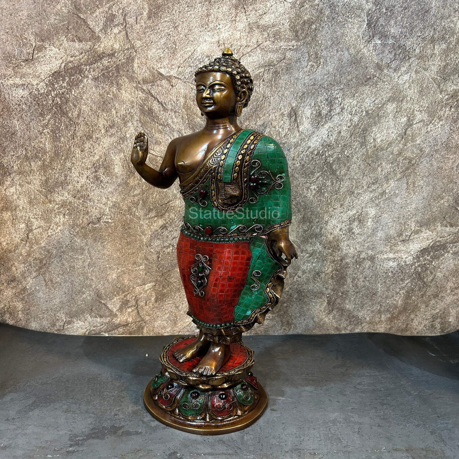 Brass Large Standing Buddha Statue Antique Stone Work For Home Decor 2 Feet - Image 4