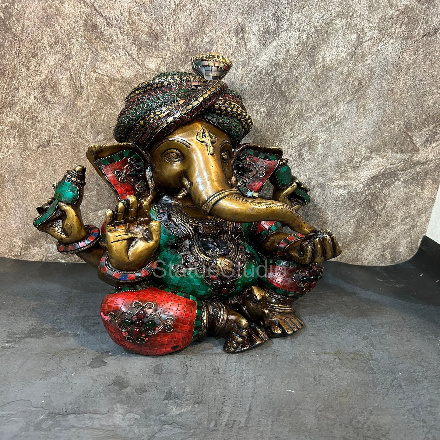 Brass Pagadi Ganesha Idol Antique Stone Work For Home Decor 1.5 Feet