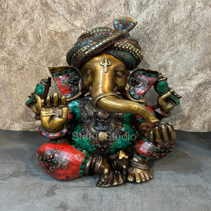 Brass Pagadi Ganesha Idol Antique Stone Work For Home Decor 1.5 Feet by vendor-unknown - Hindu Gods (View 3)
