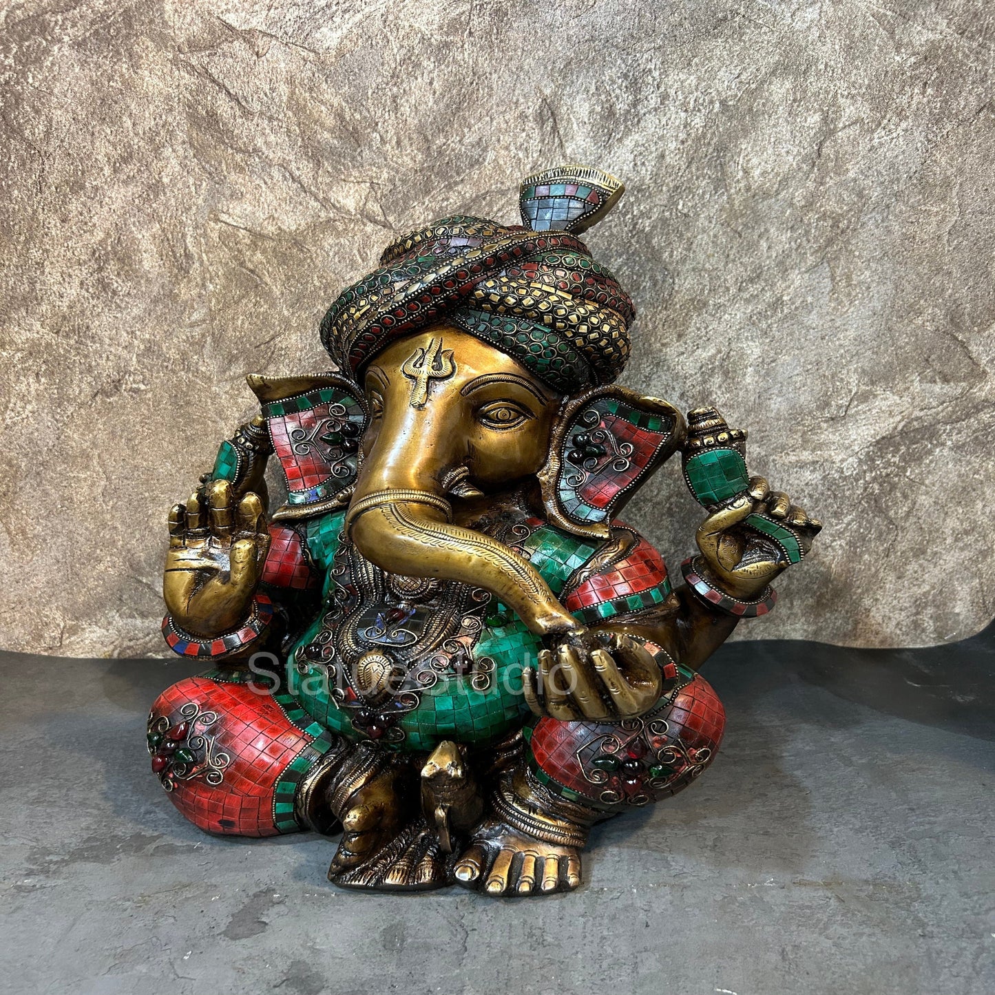 Brass Pagadi Ganesha Idol Antique Stone Work For Home Decor 1.5 Feet