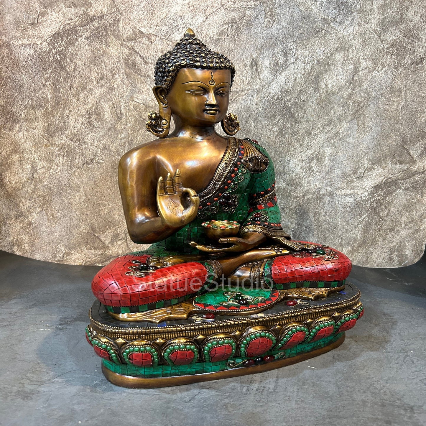 Brass Blessing Buddha Statue Antique Stone Work For Home Decor 19"