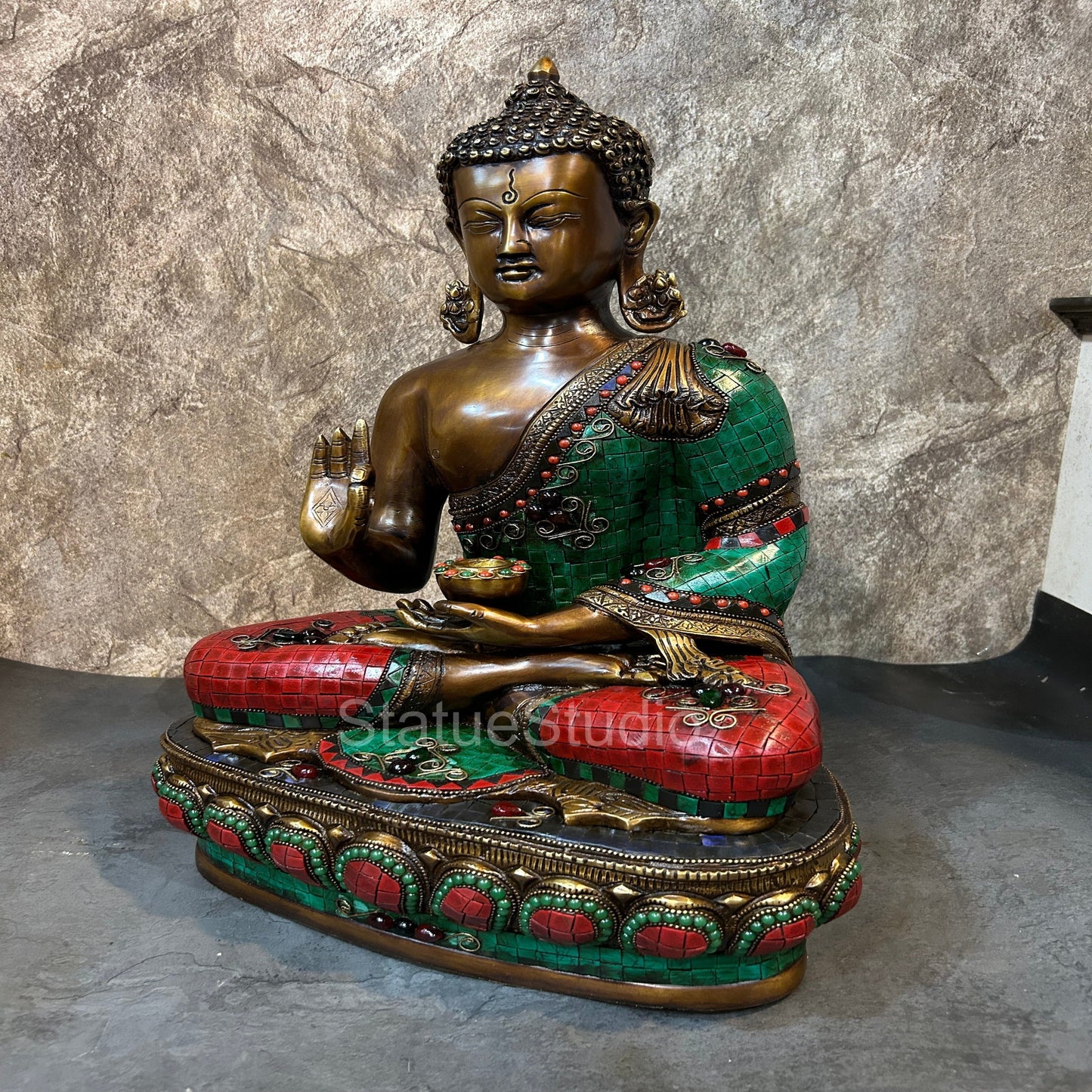 Brass Blessing Buddha Statue Antique Stone Work For Home Decor 19"