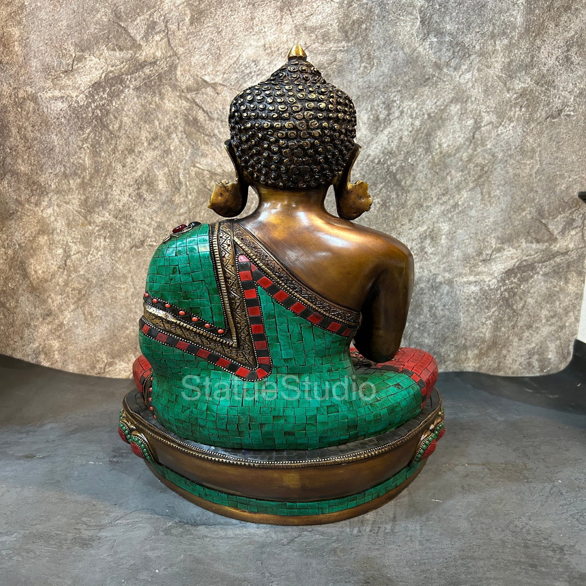 Brass Blessing Buddha Statue Antique Stone Work For Home Decor 19" - Image 5