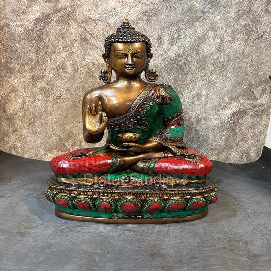 Brass Blessing Buddha Statue Antique Stone Work For Home Decor 19"